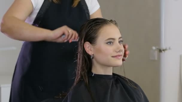 Парикмахер расчесывает волосы клиентки-подростка в парикмахерской — стоковое видео