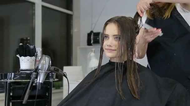 Cabeleireiro pentear e cortar o cabelo do cliente menina adolescente no salão de cabeleireiro — Vídeo de Stock