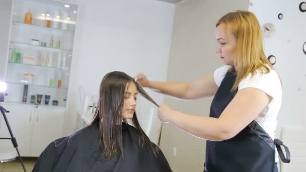 Cabeleireiro pentear e cortar o cabelo do cliente menina adolescente no salão de cabeleireiro — Vídeo de Stock