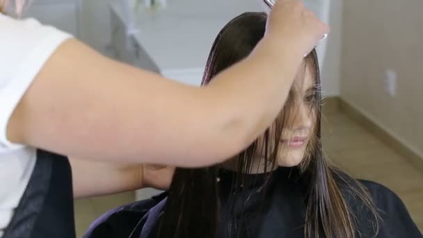 Парикмахерская расчесывание и укладка волос клиента-подростка в парикмахерской — стоковое видео