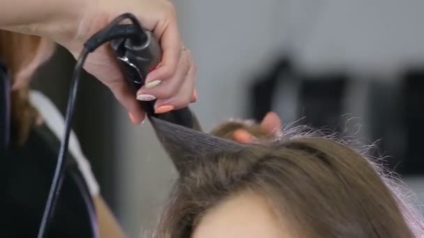 Primer plano profesional peluquero estilista rizado hasta adolescente chica cabello — Vídeos de Stock