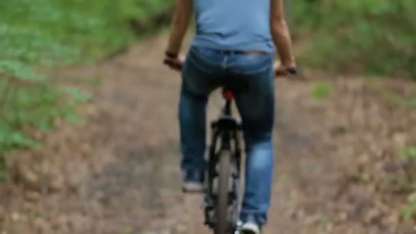 Muž na kola jezdí daleko v lese — Stock video
