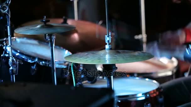 Rock drummer plays music on concert — Stock Video