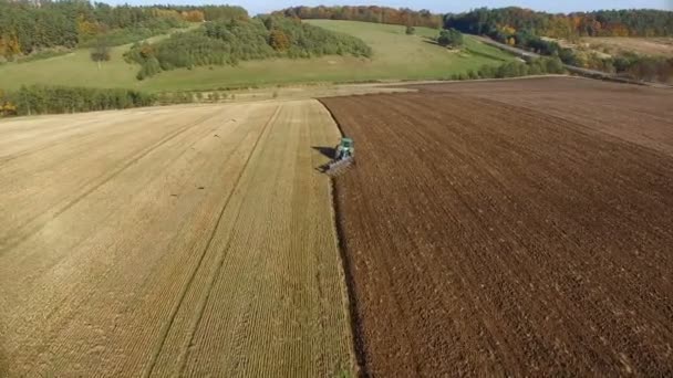 Antenn skott av traktor plöjer svart jord nära skog. Hösten sunset. — Stockvideo