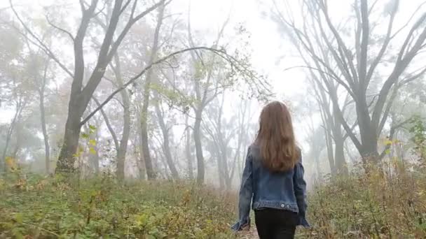 Menina europeia com um cabelo comprido, casaco azul, calças pretas, tênis e olhos azuis. Uma criança assustada está caminhando pela floresta nebulosa deserta. Solidão . — Vídeo de Stock