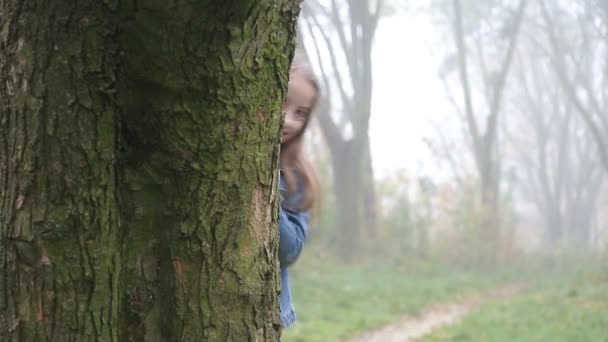 Happy little girl looks from behind tree and smiles to camera — Stock Video