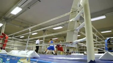 Lviv, Ukrayna - 14 Kasım 2017 turnuva boks. Boksörler boks halka turnuva üzerinde mücadele. Sabit cam vurdu.