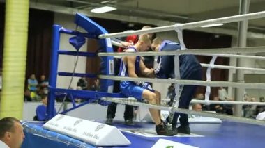Lviv, Ukrayna - 14 Kasım 2017 turnuva boks. Koç boksörler el mermi arasında masajlar. Sabit cam vurdu