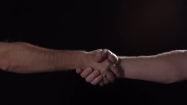 Caucasian males shake hands on black background, close up isolated — Stockvideo
