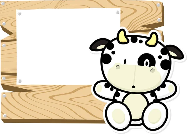 Pequena vaca bonito e placa de sinal —  Vetores de Stock