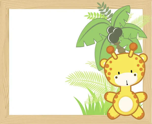 Giraffa bambino carino con palma su telaio in legno vuoto — Vettoriale Stock