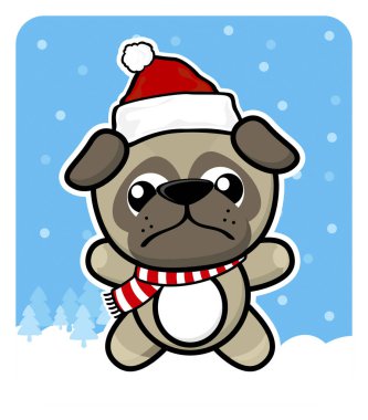 Şirin Bebek pug köpek kış arka plan üzerinde Noel Baba kırmızı şapkalı