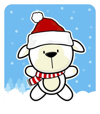 Şirin Bebek koyun kış arka plan üzerinde Noel Baba kırmızı şapkalı