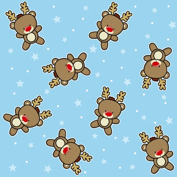 雪と青い背景 子供のための設計上の星とかわいい赤ちゃんトナカイ クリスマス テーマのシームレス パターン — ストックベクタ