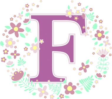 ilk harfi f dekoratif çiçeklerle ve tasarım öğeleri beyaz arka plan üzerinde izole. Bebek adı, çocuk odası dekorasyonu, Bahar Temalar veya düğün davetiyesi için kullanılabilir.