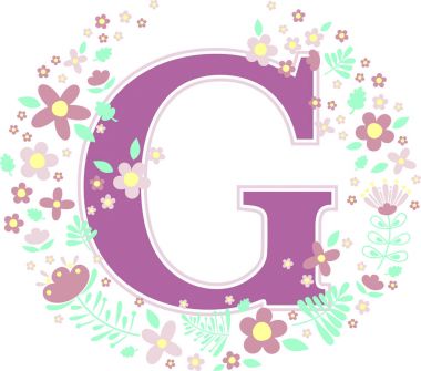 mektup g dekoratif çiçek ile ilk ve tasarım öğeleri beyaz arka plan üzerinde izole. Bebek adı, çocuk odası dekorasyonu, Bahar Temalar veya düğün davetiyesi için kullanılabilir.