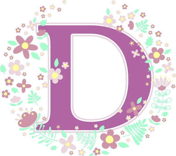 İlk harf d dekoratif çiçek ve beyaz arka plan üzerinde izole tasarım öğeleri. Bebek adı, çocuk odası dekorasyonu, Bahar Temalar veya düğün davetiyesi için kullanılabilir.