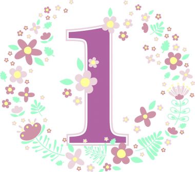 Beyaz arka plan üzerinde izole 1 numaralı dekoratif çiçek ve tasarım öğeleri. Bebek kız doğum, yaş, doğum günü, çocuk odası dekorasyonu, Bahar Temalar veya yıldönümü davetiyesi için kullanılabilir