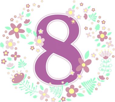 Beyaz arka plan üzerinde izole sayı 8 ile dekoratif çiçek ve tasarım öğeleri. Bebek kız doğum, yaş, doğum günü, çocuk odası dekorasyonu, Bahar Temalar veya yıldönümü davetiyesi için kullanılabilir