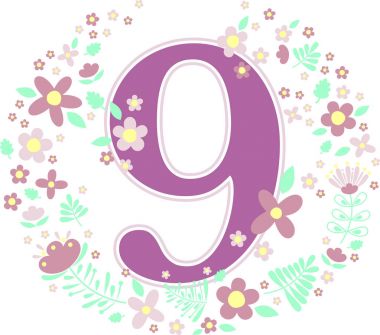 Beyaz arka plan üzerinde izole 9 numara dekoratif çiçek ve tasarım öğeleri. Bebek kız doğum, yaş, doğum günü, çocuk odası dekorasyonu, Bahar Temalar veya yıldönümü davetiyesi için kullanılabilir