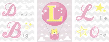 posterler dizi rüya büyük küçük bir sloganı ile bebek kedi ve balon ile ilk l. kreş art dekor, yeni doğan bebek dekorasyon ve bebek duş için kullanılabilir