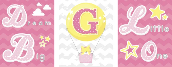 Posters Set Dream Big Little One Slogan Baby Cat Balloon — Stock Vector