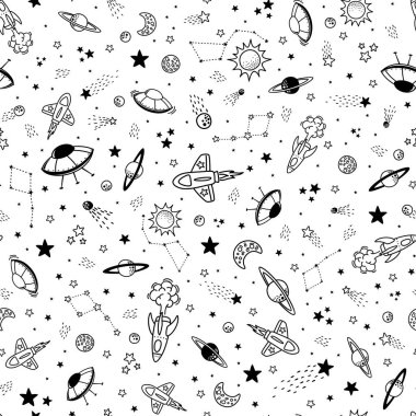 Uzay gemileri ve doodle tasarım öğeleri ile sorunsuz arka plan tasarım çocuklar için