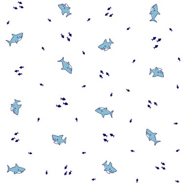 şirin komik köpek balıkları ve küçük balıklar deniz, çocuklar için tasarım altında sorunsuz arka plan