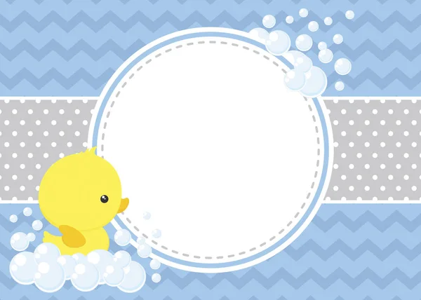 可爱的婴儿淋浴卡与小婴儿橡胶鸭和气泡的雪佛龙模式和波尔卡点背景 — 图库矢量图片