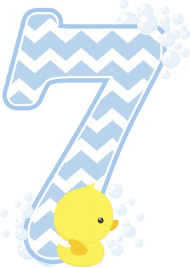 Beyaz arka plan üzerinde izole sayı 7 ile baloncuklar ve küçük yavru lastik ördek. bebek çocuk doğum Duyurular, çocuk odası dekorasyon, parti Tema veya doğum günü daveti için kullanılabilir