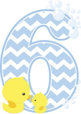 Beyaz arka plan üzerinde izole sayı 6 ile baloncuklar ve küçük yavru lastik ördek. bebek çocuk doğum Duyurular, çocuk odası dekorasyon, parti Tema veya doğum günü daveti için kullanılabilir