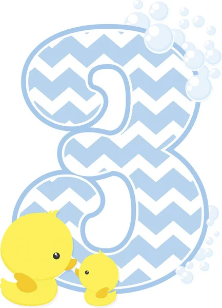 Nummer Met Bubbels Kleine Baby Rubber Duck Geïsoleerd Een Witte — Stockvector