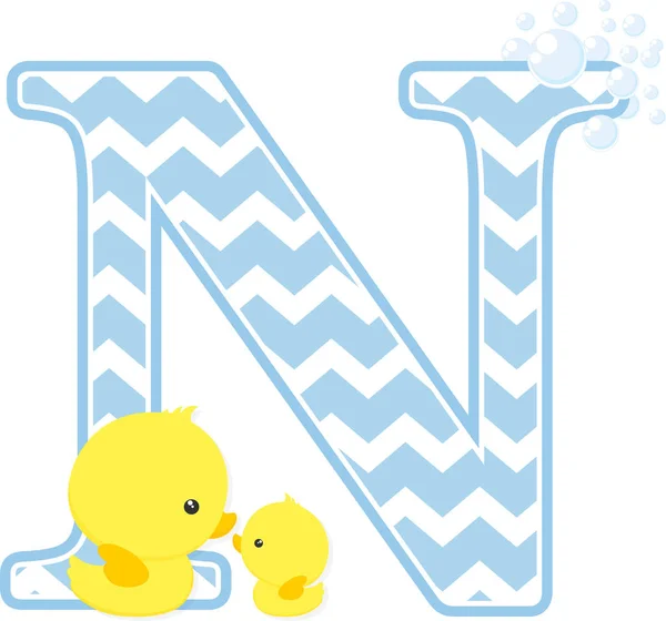 Eerste Met Bubbels Kleine Baby Rubber Duck Geïsoleerd Een Witte — Stockvector