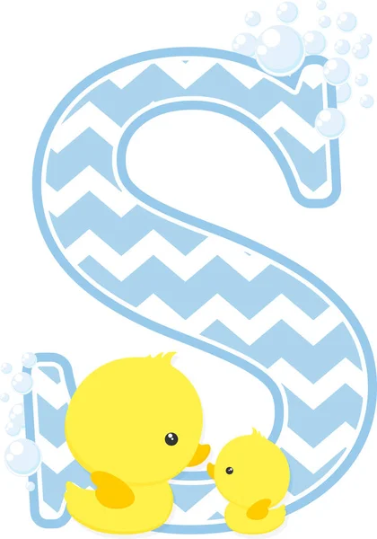 Eerste Met Bubbels Kleine Baby Rubber Duck Geïsoleerd Een Witte — Stockvector