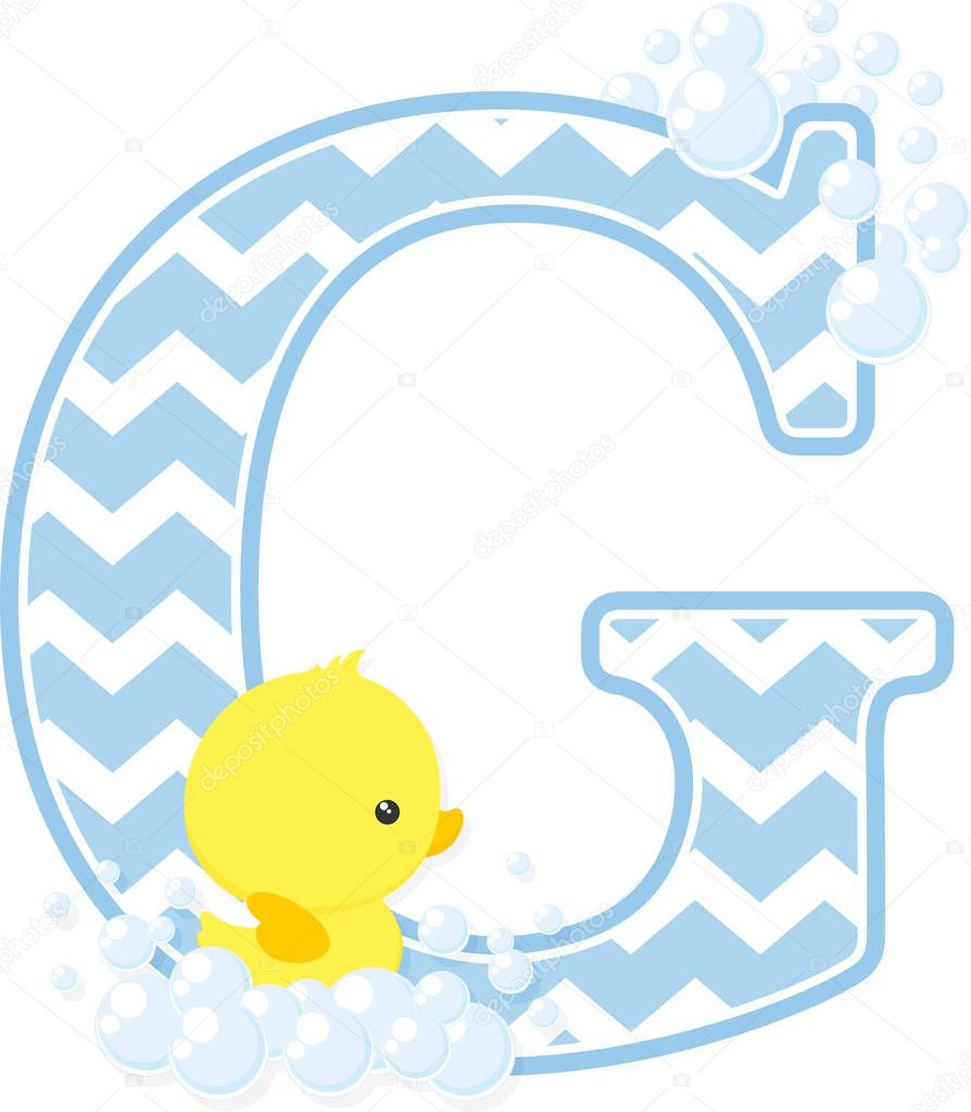 initial g with bubbles and little baby rubber duck isolated on white background. can be used for baby boy birth announcements, nursery decoration, party theme or birthday invitation