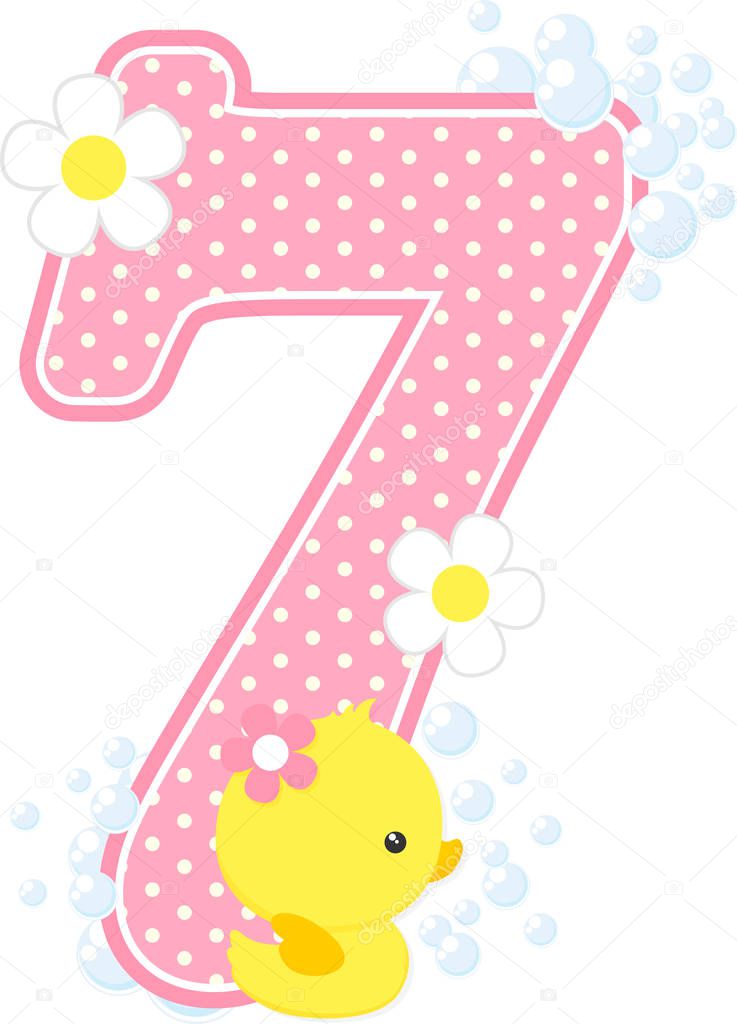 number 7 with bubbles and cute rubber duck isolated on white. can be used for baby girl birth announcements, nursery decoration, party theme or birthday invitation. Design for baby girl