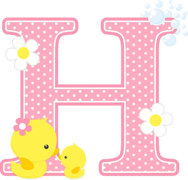 与花和可爱的橡胶鸭子隔绝在白色 可用于女婴出生通知 苗圃装饰 聚会主题或生日请柬 女婴设计 — 图库矢量图片