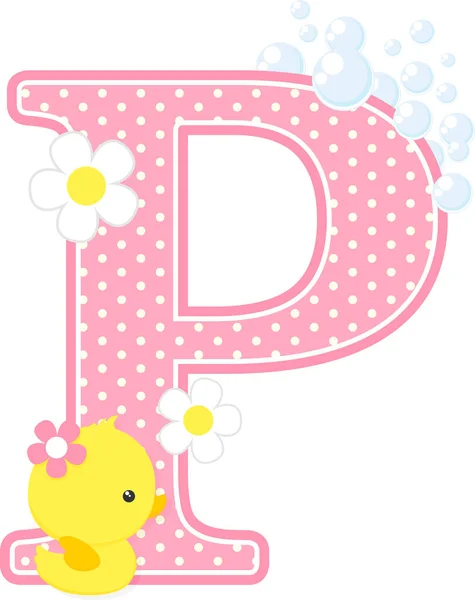 最初的 与花和可爱的橡胶鸭被隔离在白色 可用于女婴出生通知 苗圃装饰 聚会主题或生日请柬 女婴设计 — 图库矢量图片