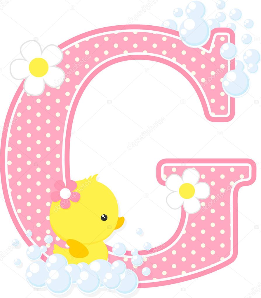 initial g with bubbles and cute rubber duck isolated on white. can be used for baby girl birth announcements, nursery decoration, party theme or birthday invitation. Design for baby girl