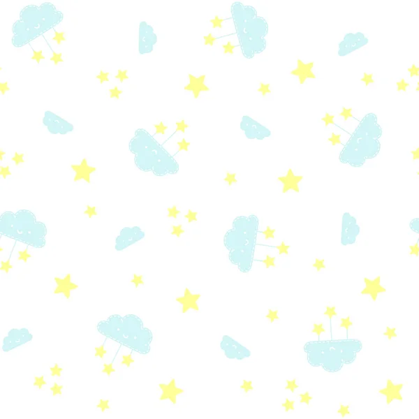雲と白い背景の星を笑顔でかわいいシームレス パターン 赤ちゃんと子供のためのデザイン — ストックベクタ