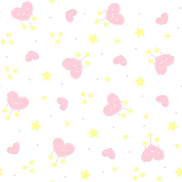 心と白い背景の星を笑顔でかわいいシームレス パターン 赤ちゃんと子供のためのデザイン — ストックベクタ
