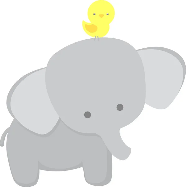 Elefante Bonito Passarinho Isolado Fundo Branco Design Plano Para Bebê — Vetor de Stock