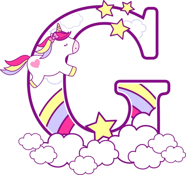 Initial Cute Unicorn Rainbow Can Used Baby Birth Announcements Nursery — Stock Vector