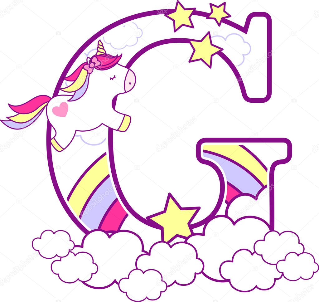 initial g with cute unicorn and rainbow. can be used for baby birth announcements, nursery decoration, party theme or birthday invitation. Design for baby and children