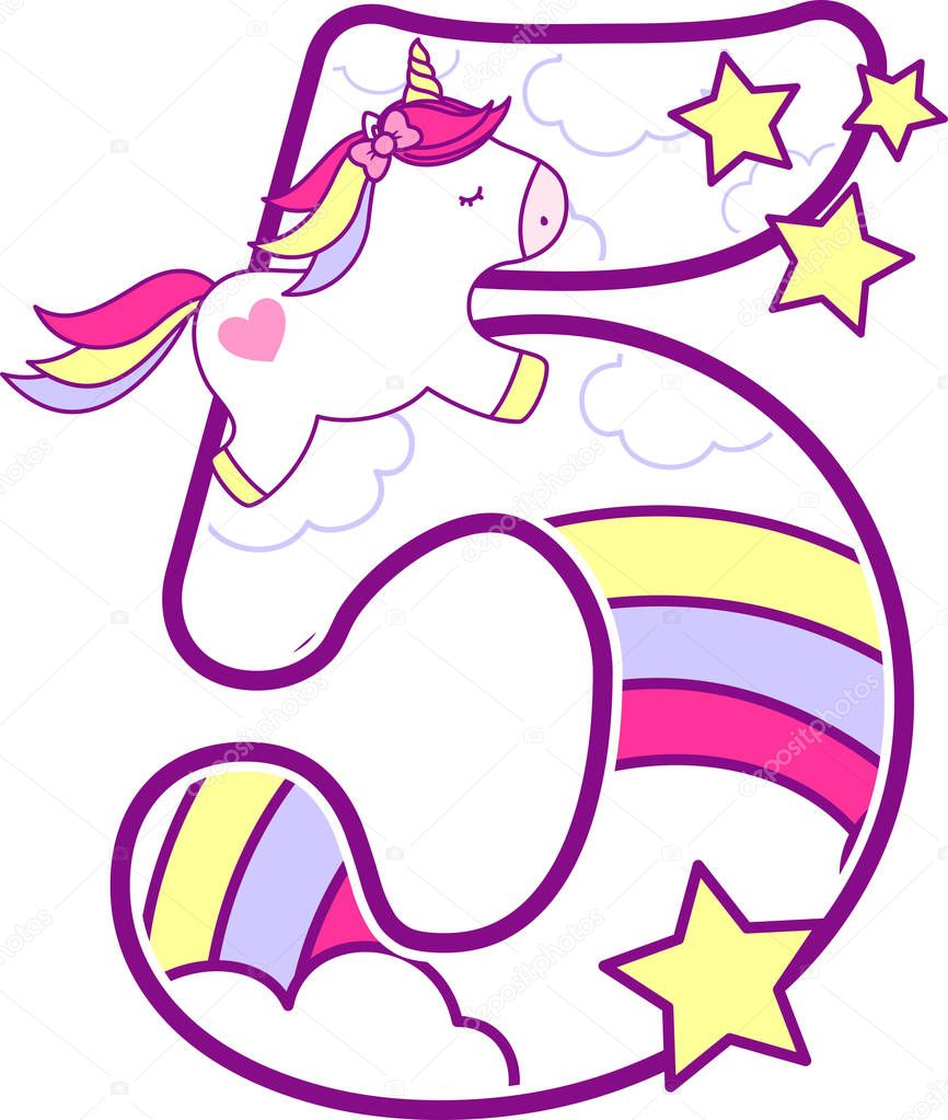 number 5 with cute unicorn and rainbow. can be used for baby birth announcements, nursery decoration, party theme or birthday invitation. Design for baby and children