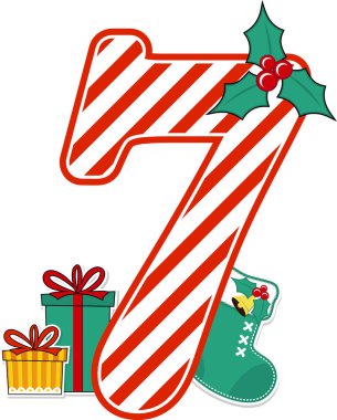 Kırmızı ve beyaz baston şeker desenli 7 numara ve beyaz arka planda izole edilmiş noel tasarım elementleri. Noel kartı, çocuk odası dekorasyonu ya da Noel davetiyesi için kullanılabilir.