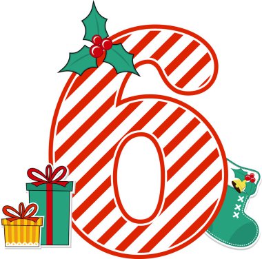 Kırmızı ve beyaz baston şekerlemeli 6 numara ve beyaz arka planda izole edilmiş noel tasarım elementleri. Noel kartı, çocuk odası dekorasyonu ya da Noel davetiyesi için kullanılabilir.