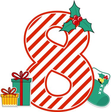 Kırmızı ve beyaz baston şeker desenli 8 numara ve beyaz arka planda izole edilmiş noel tasarım elementleri. Noel kartı, çocuk odası dekorasyonu ya da Noel davetiyesi için kullanılabilir.