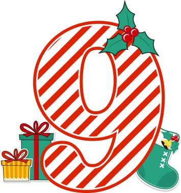 Kırmızı ve beyaz baston şekerli 9 numara ve beyaz arka planda izole edilmiş noel tasarım elementleri. Noel kartı, çocuk odası dekorasyonu ya da Noel davetiyesi için kullanılabilir.