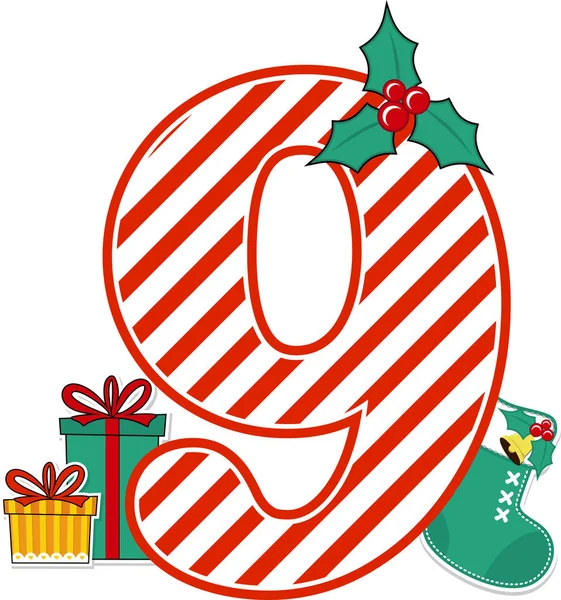 9番は赤と白のお菓子の柄と白を基調としたクリスマスデザイン ホリデーシーズンカード 保育園の装飾やクリスマスパーティー招待状に使用できます — ストックベクタ